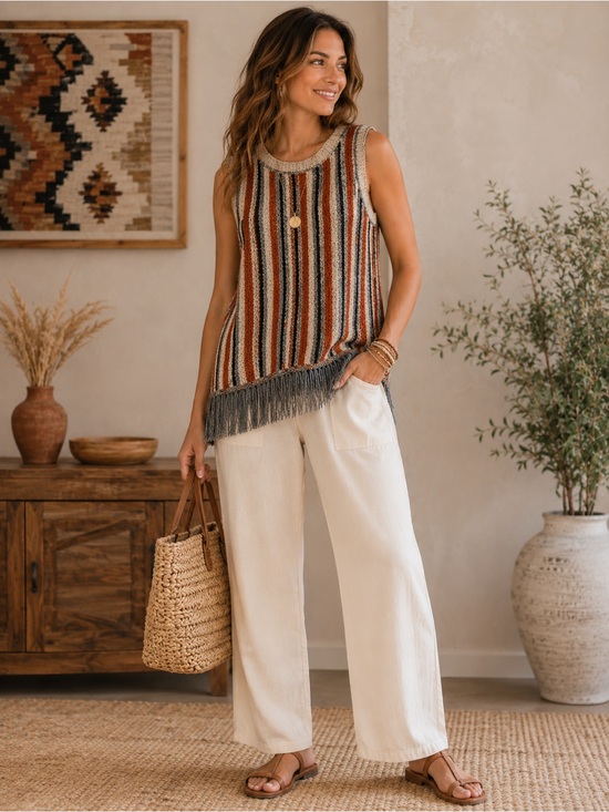 Massimo Dutti Tops - Massimo Dutti Striped Fringe Knit Tank in Rust, Cream, Navy & Gray